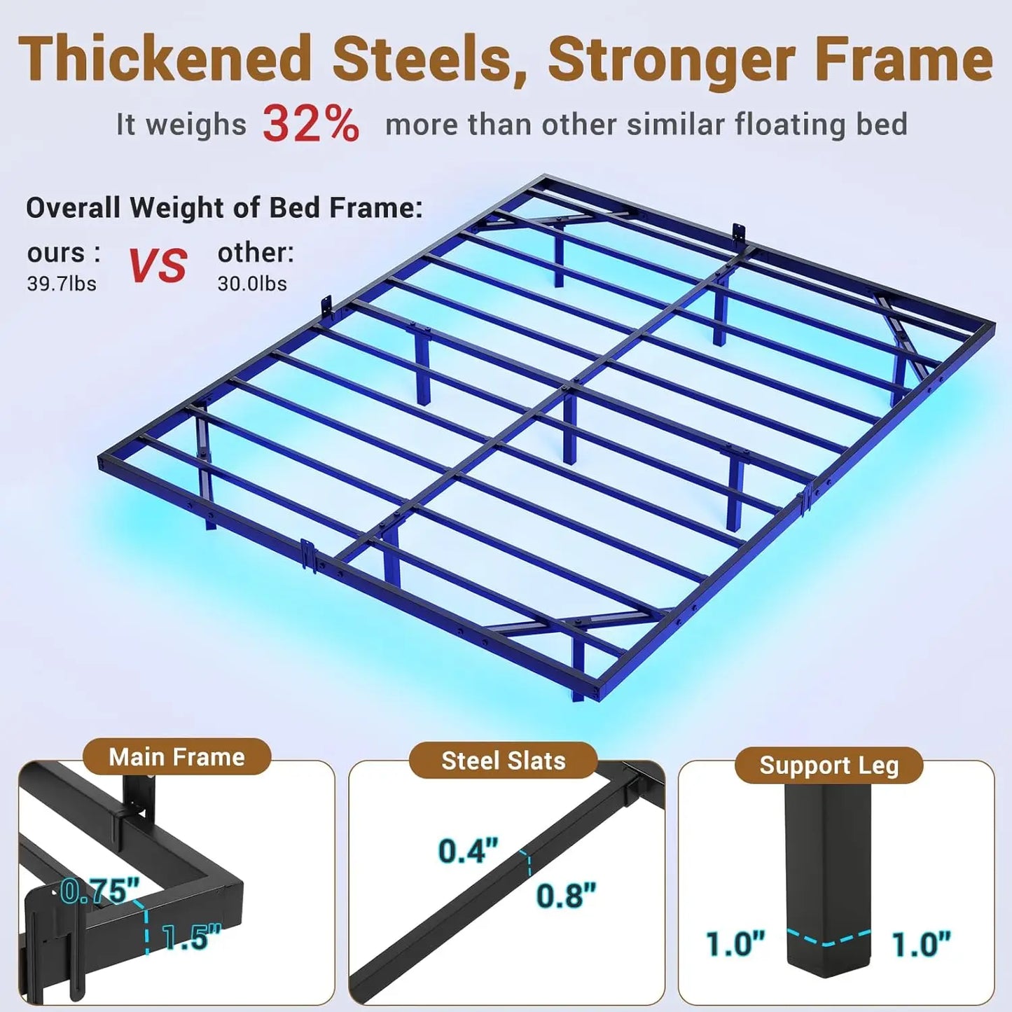 Floating Bed Frame Queen Size with LED Lights, Metal Platform Queen Bed