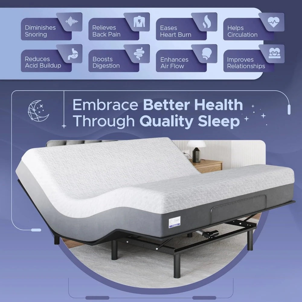 Adjustable Bed Base Frame Gel Memory Foam Mattress Set