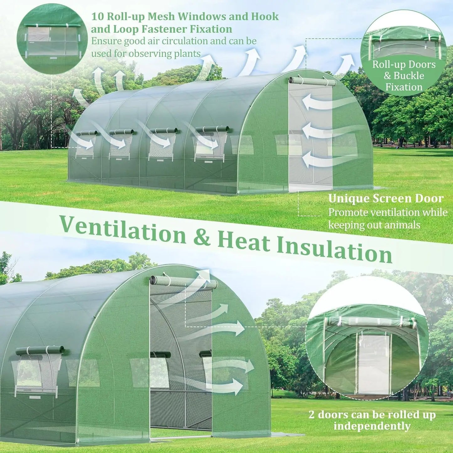 20 x 10 x 6.5 FT Greenhouse for Outdoor, Walk-in Tunnel Greenhouse with 10 Roll-up Windows