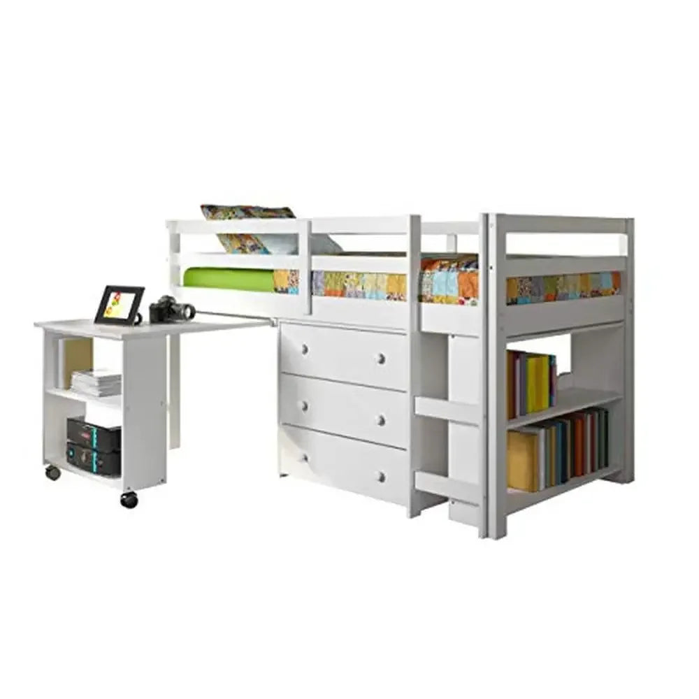 Modern Twin Low Loft Bed with Study Desk Storage Chest Bookcase White Finish Solid Wood 78 Inch x 41.25 Inch x 43.25 Inch