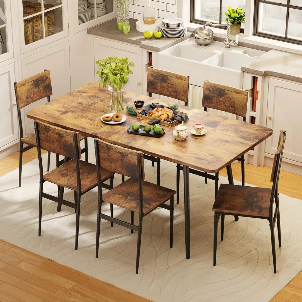63” Extendable Dining Table Set for 4-6 People, 7-Piece Dining Table Set for 6 People with 6 Chairs