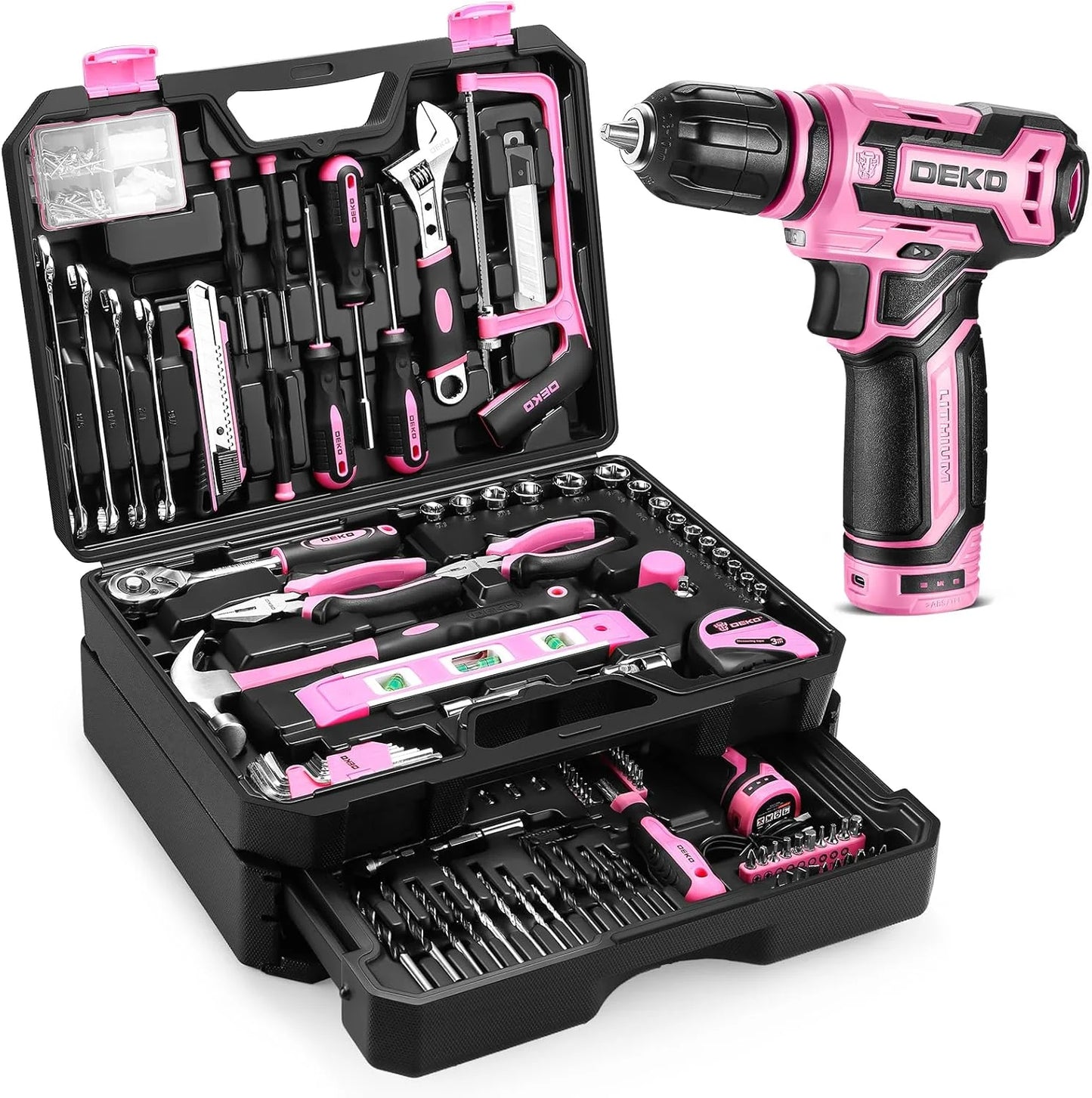 DEKO Home Mechanic Toolbox with 12V Power Cordless Drill