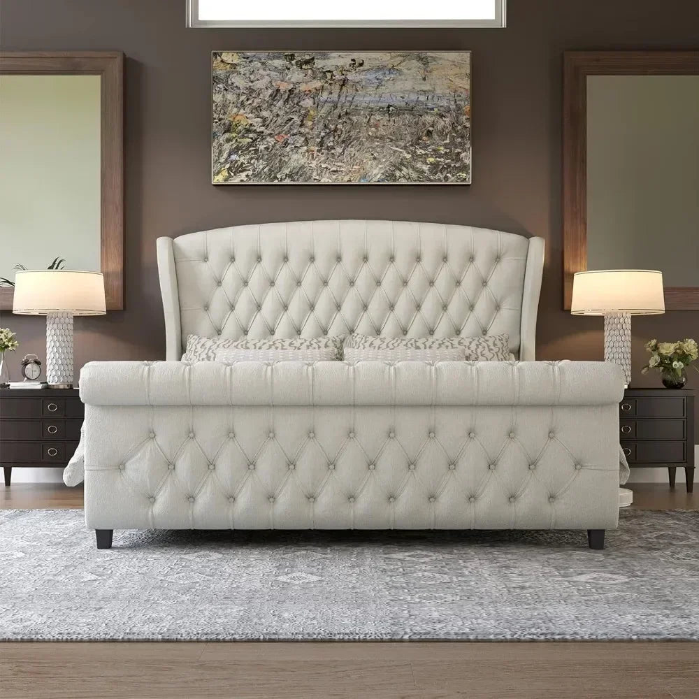 King Size Bed Frame, Chenille Upholstered Sleigh Beds
