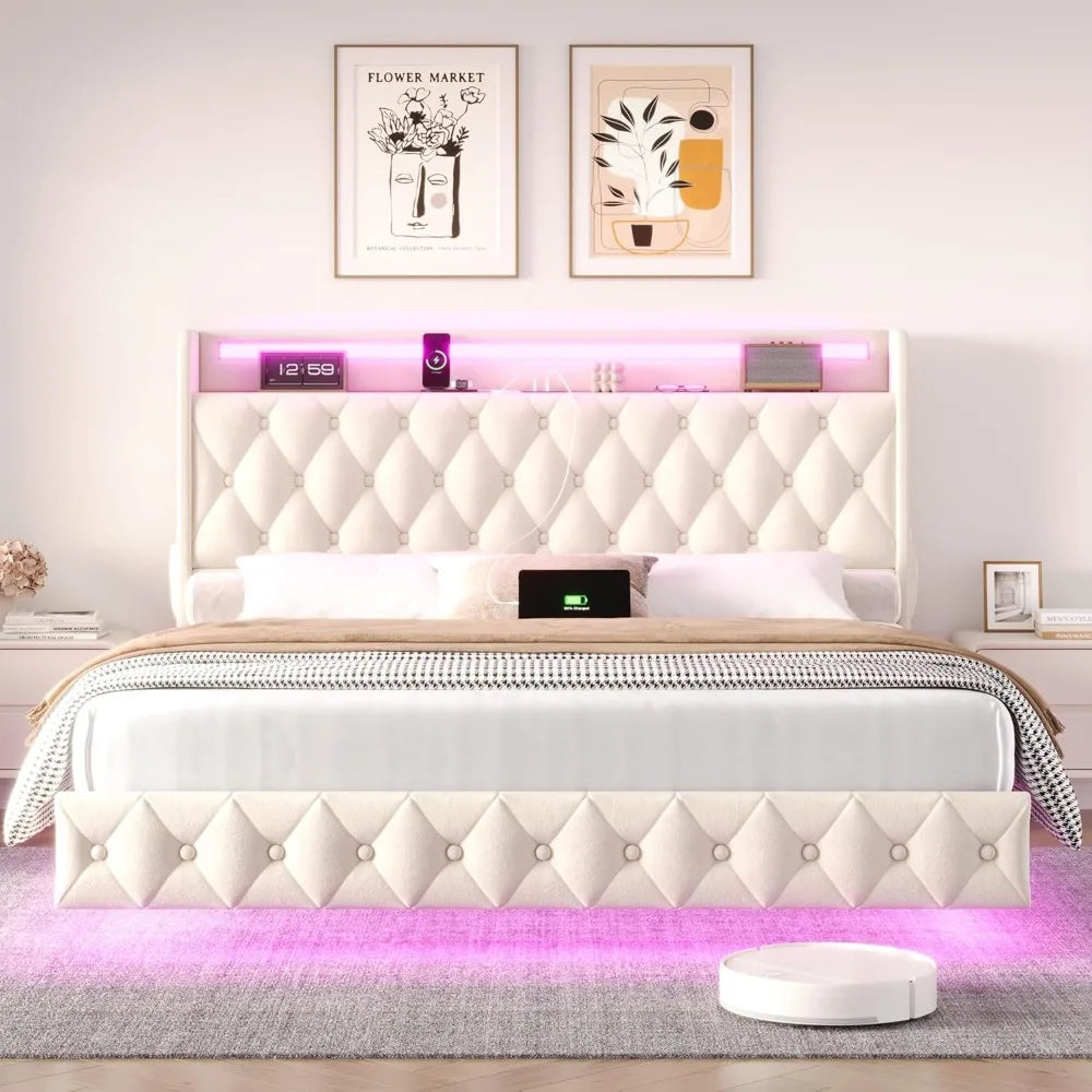 Floating Bed Frame Queen Size Platform with LED Lights