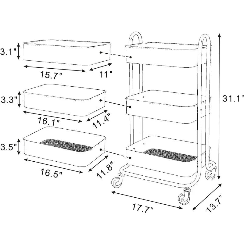 3-Tier Metal Rolling Storage Cart on Wheels Mobile Organizer with Utility Handle