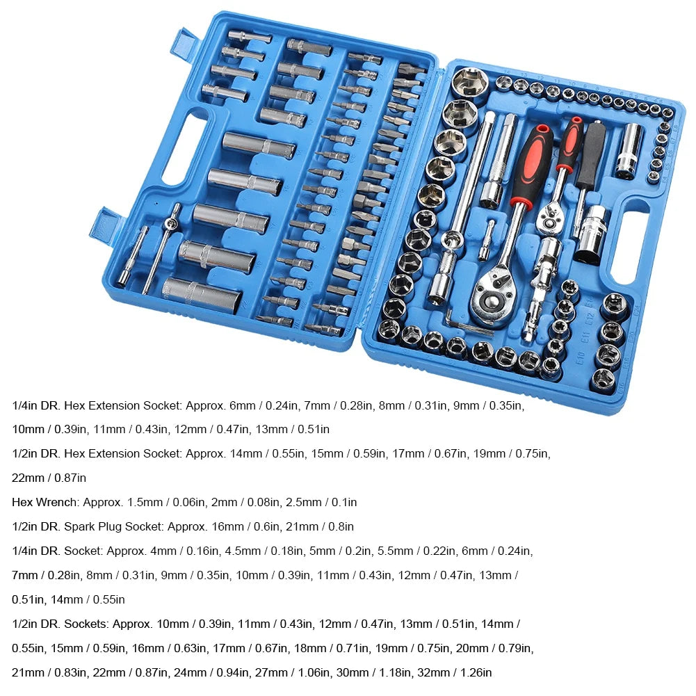 108Pcs Ratchet Wrench Set 1/4in 1/2in