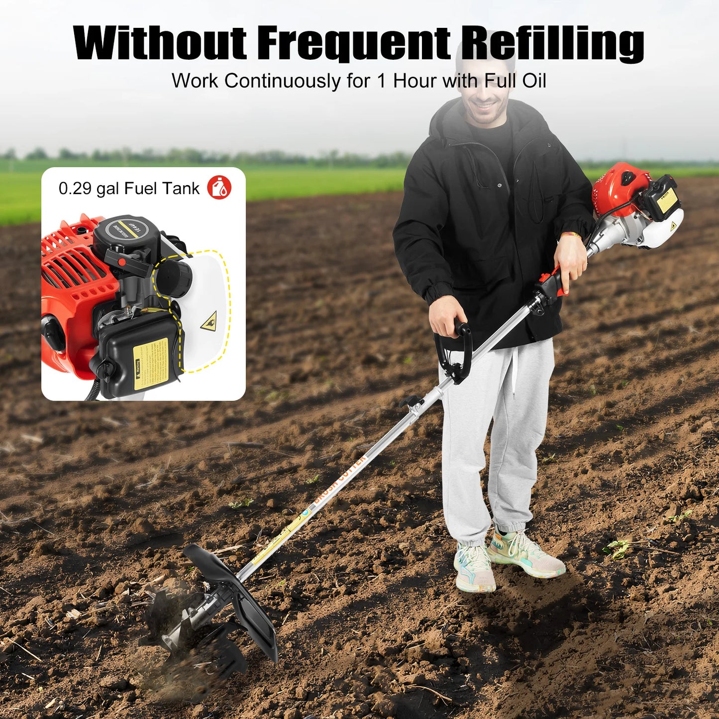 1.45kW 2-stroke 51.7cc Gas-powered Tiller Cultivator Low Noise Gardens Loosen Soil Machine 6500rpm