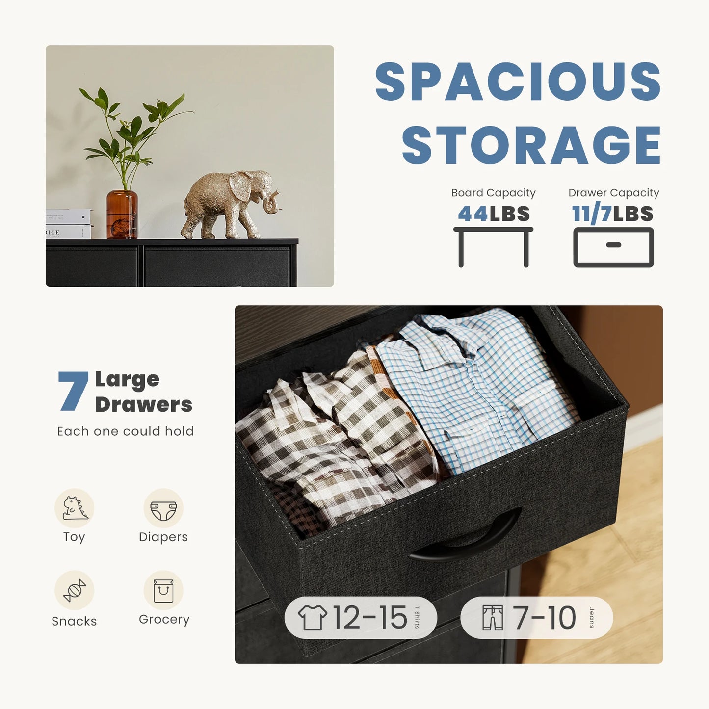 JHK Dresser For Bedroom With 7 Fabric Drawers Organizer Modern Minimalist Style