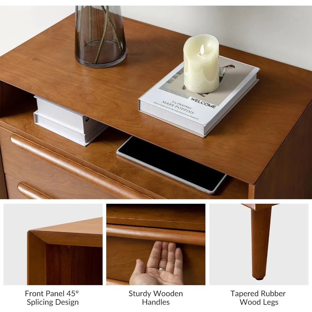 Nightstand with Charging Station, Set of 2 Mid-Century 2 Drawer and Open Shelf Dresser for Bedroom, Fluted Bedside Table