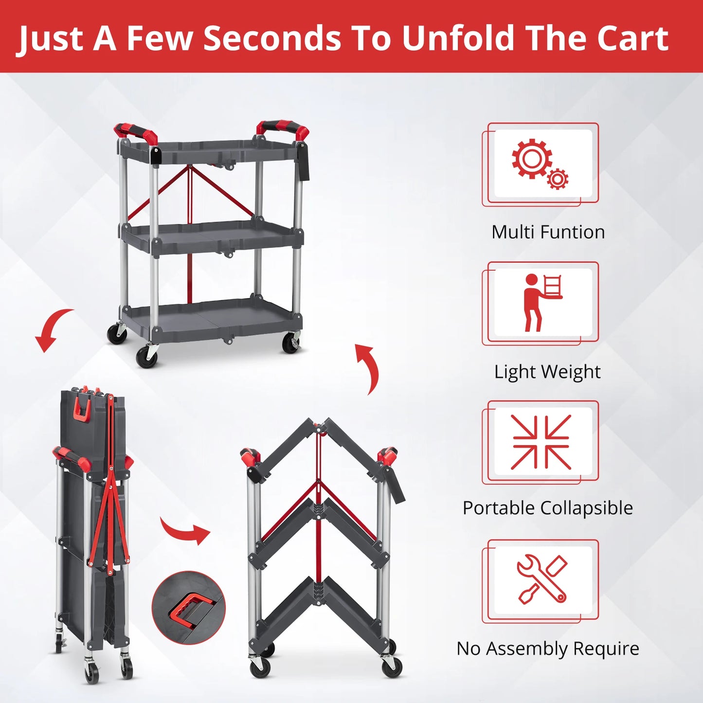 Portable Foldable Service Carts with Wheels, Collapsible Storage Carts