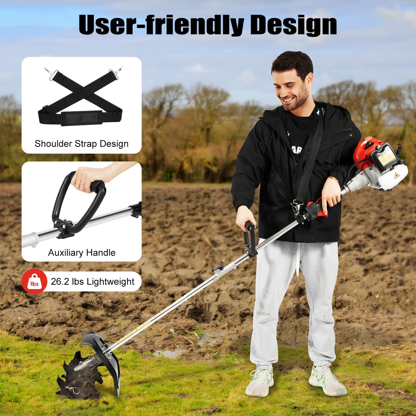 1.45kW 2-stroke 51.7cc Gas-powered Tiller Cultivator Low Noise Gardens Loosen Soil Machine 6500rpm