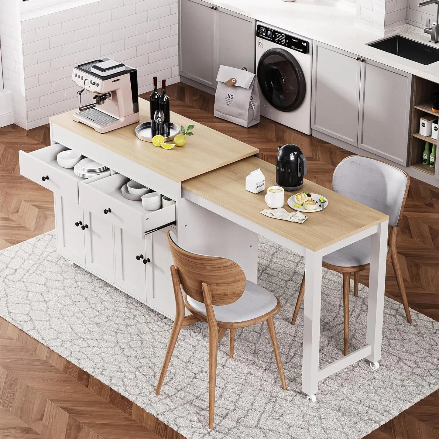 74.5-inch Kitchen Island with Extendable Dining Table
