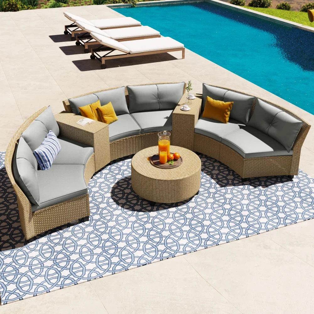 U_Style 6 - Person Fan-shaped Rattan Suit Combination with Cushions and Table
