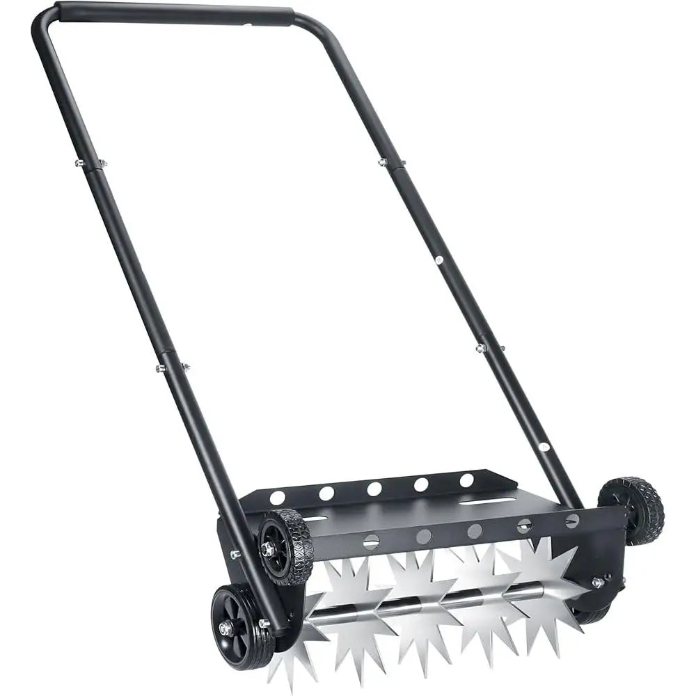 Manual Lawn Aerator 18 Inch Push Spike Tool with 4 Wheels Efficient Yard Care and Soil Aeration