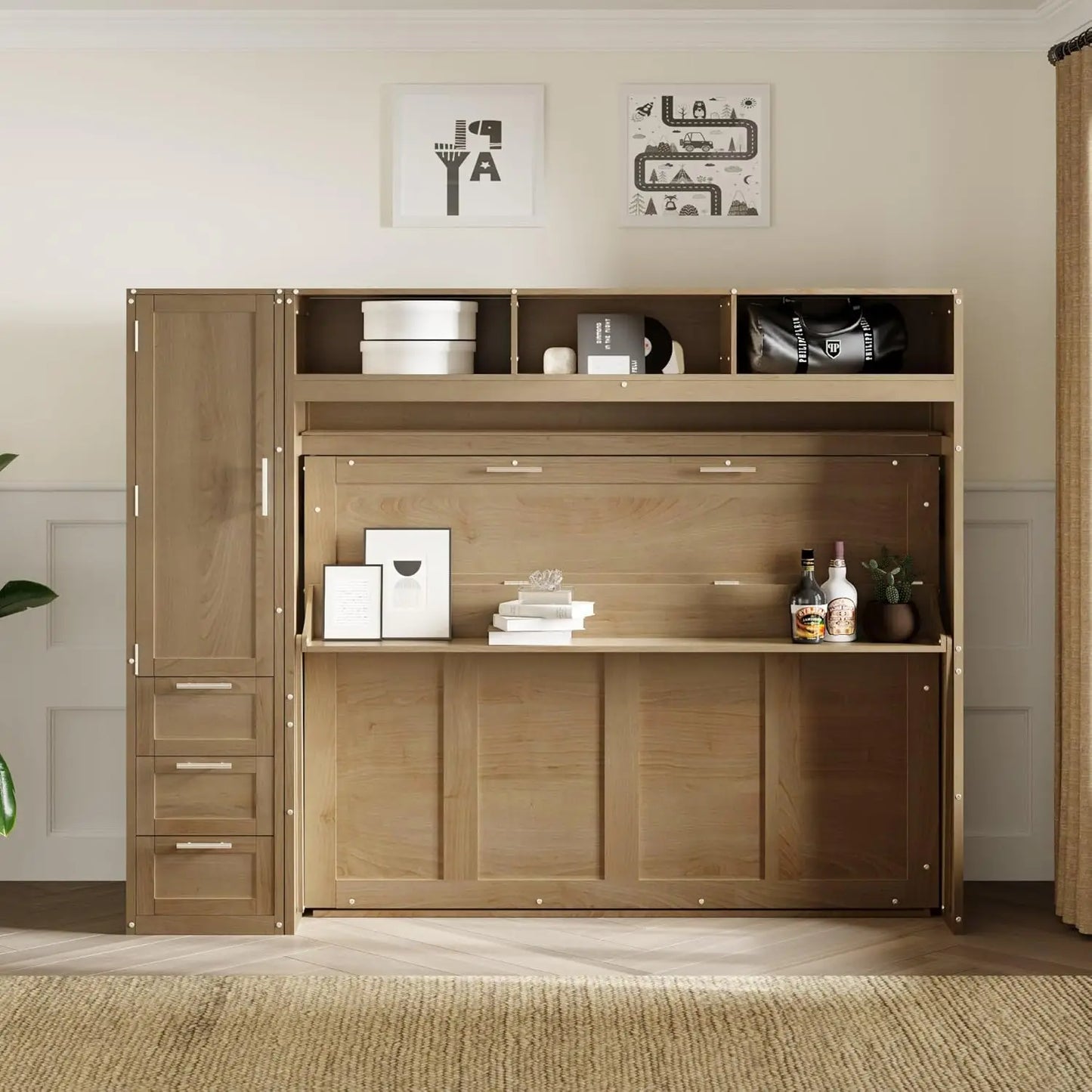 Full Size Murphy Bed Wooden Cabinet Bed with Closet and Drawers White