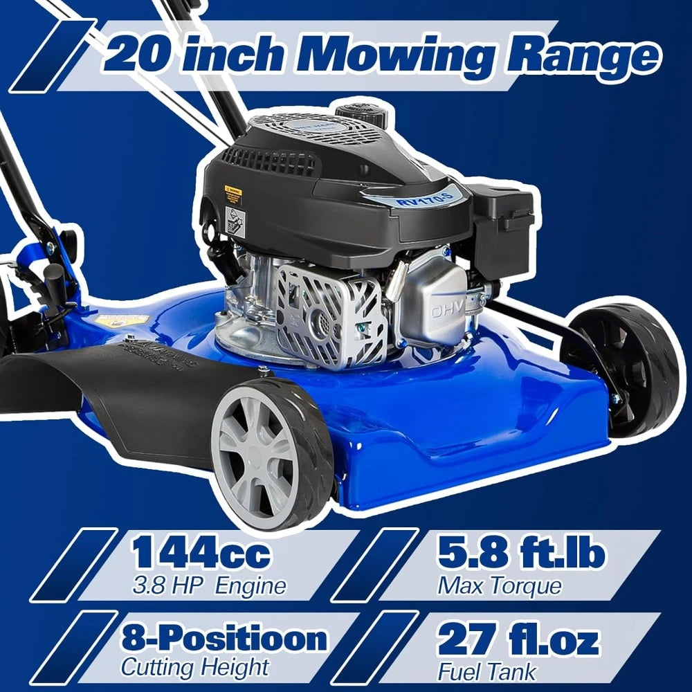 Gas Lawn Mower 20 inch, 144cc 4-Cycle OHV Engine Lawnmower, 8 Adjustable Cutting Heights