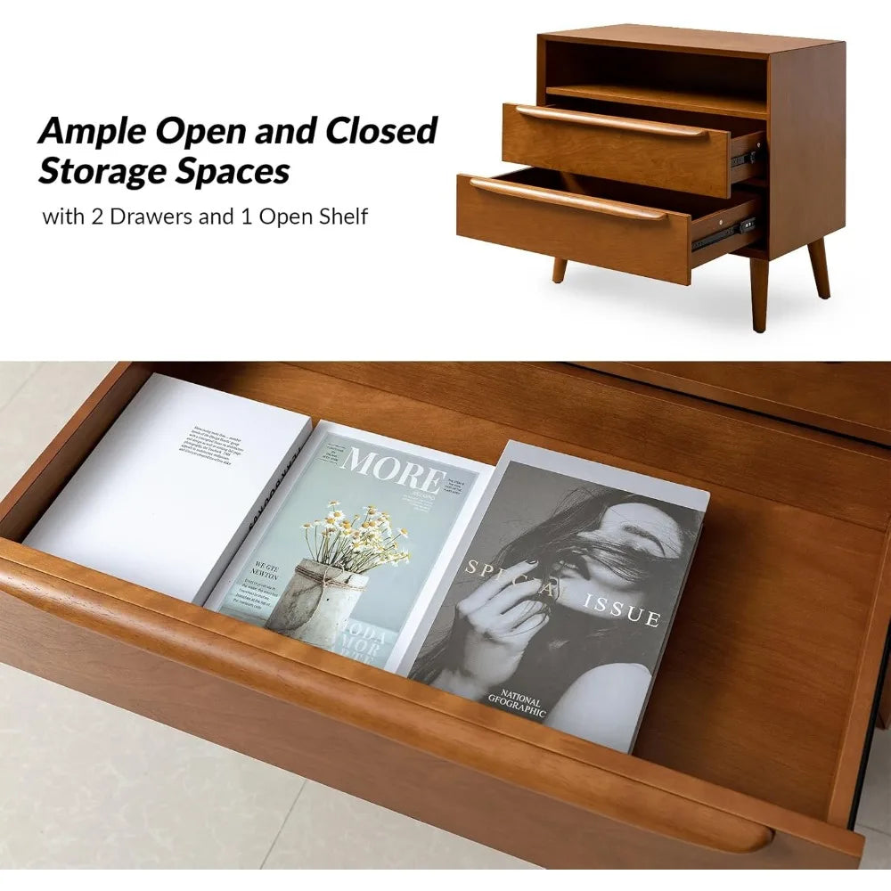 Nightstand with Charging Station, Set of 2 Mid-Century 2 Drawer and Open Shelf Dresser for Bedroom, Fluted Bedside Table