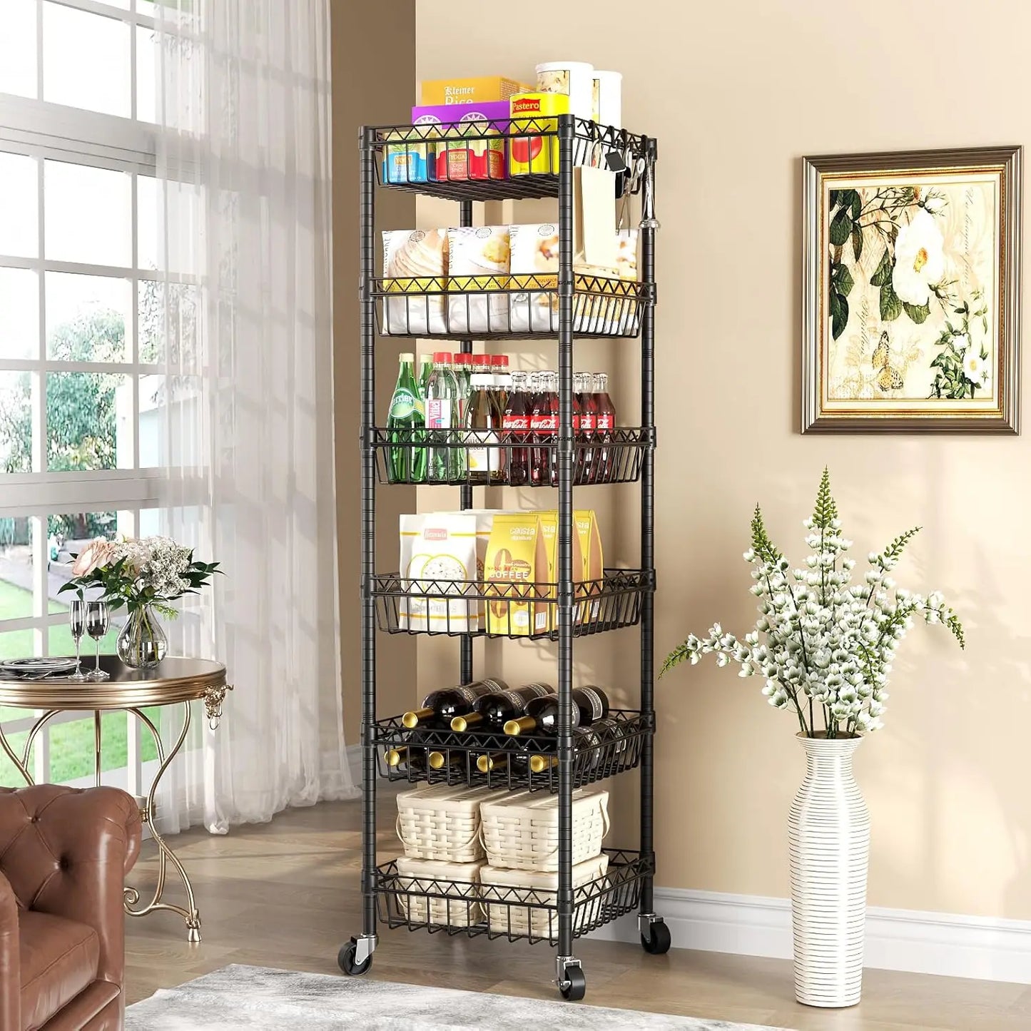6 Tier Storage Shelves Baskets Wire Shelving Metal Pantry Shelf Units Garage Kitchen Rack Adjustable