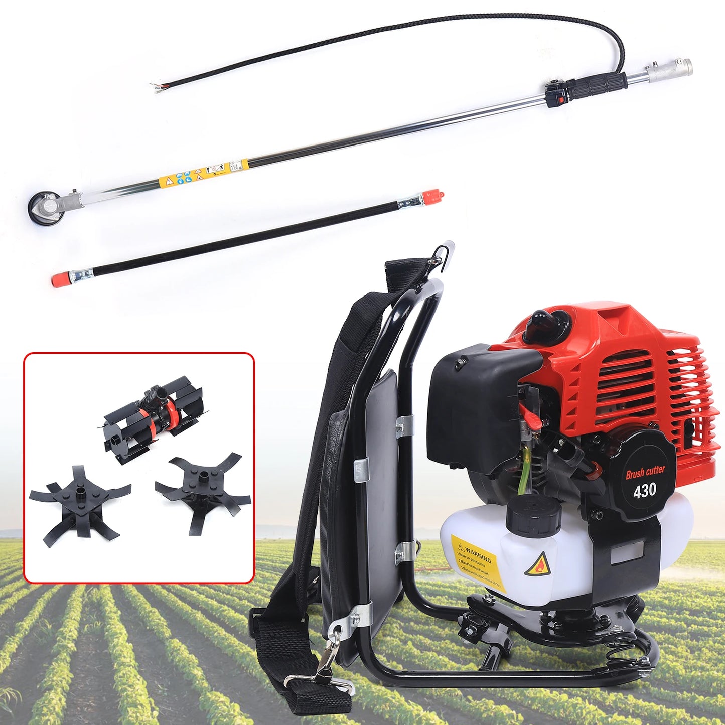Yard Lawn Mower Tilling Tool 43CC 2 Stroke Backpack Tiller Cultivator Grass Trimmer with 1L Fuel Tank