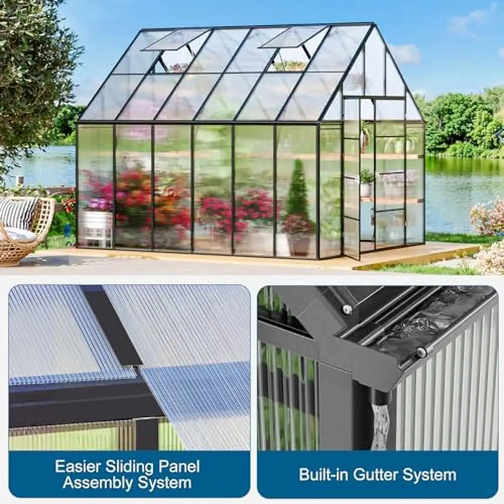 10x12 FT Heavy Duty Walk-in Polycarbonate Greenhouse Kit and Gutter System