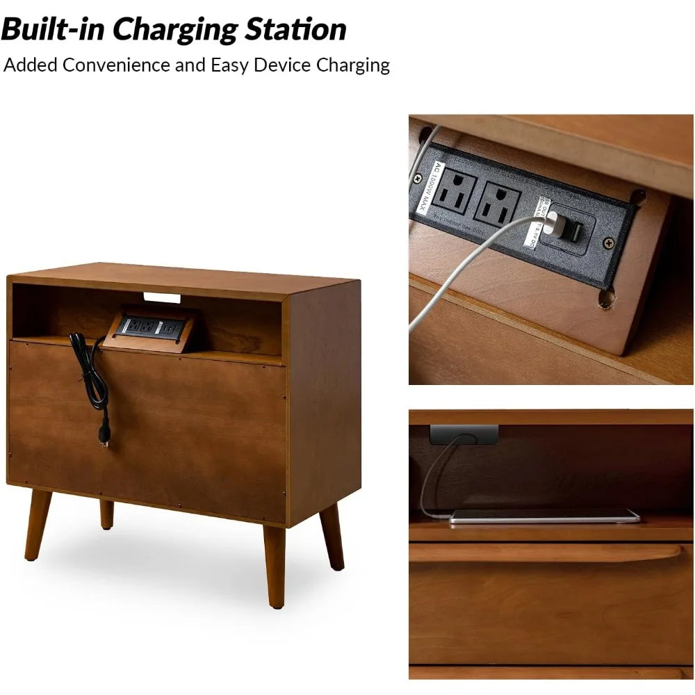 Nightstand with Charging Station, Set of 2 Mid-Century 2 Drawer and Open Shelf Dresser for Bedroom, Fluted Bedside Table