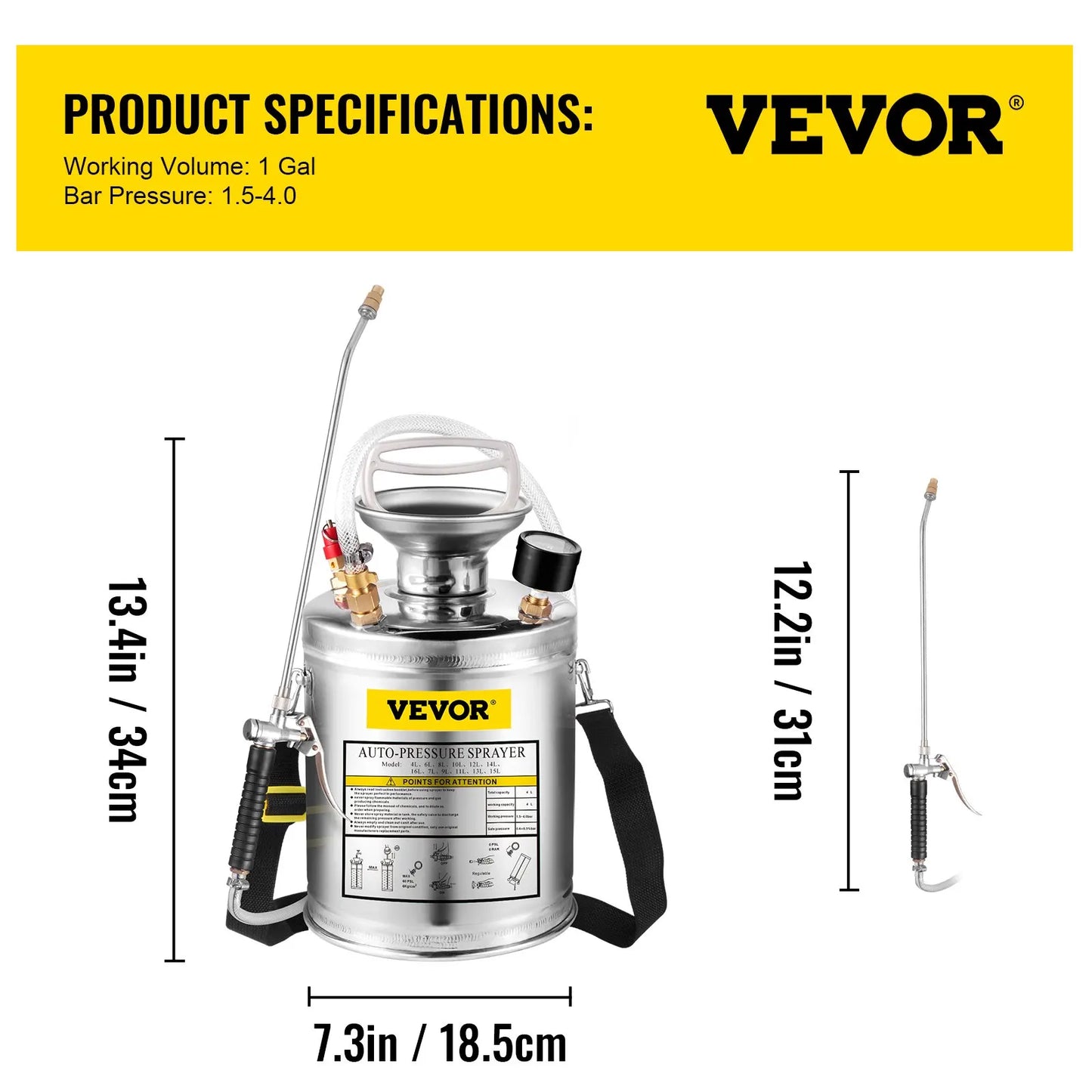 VEVOR 2Gal Stainless Steel Sprayer Hand Pump Sprayer with Pressure Gauge&Safety Valve