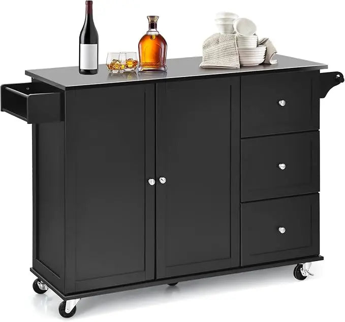 Kitchen Island with Stainless Steel Top, Rolling Kitchen Trolley Cart