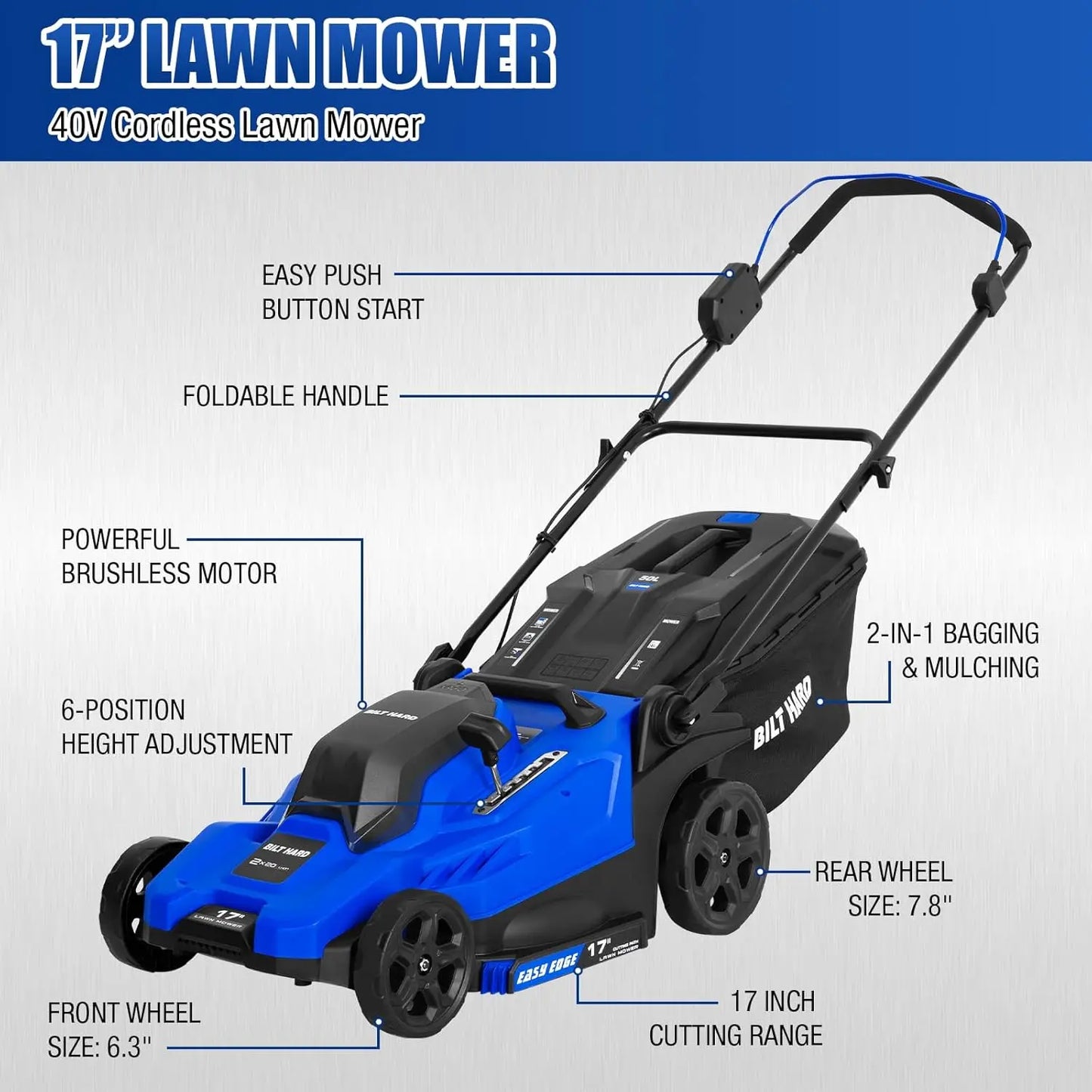 40V 17" Brushless Cordless Lawn Mower, Battery Electric Lawn Mower Set