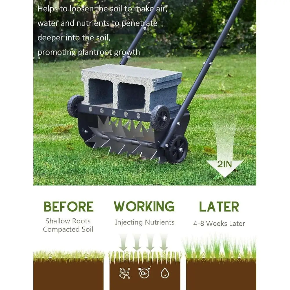 Manual Lawn Aerator 18 Inch Push Spike Tool with 4 Wheels Efficient Yard Care and Soil Aeration