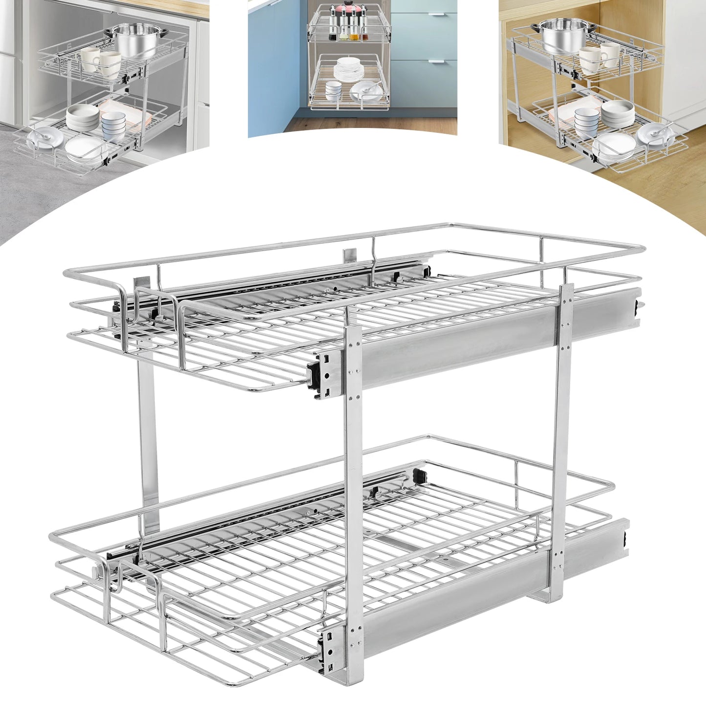 2-Tier Adjustable Height Kitchen Shelves Organizer Pull Out Cabinet Organizer Wear Resistance for Bathrooms/Kitchens/Pantries