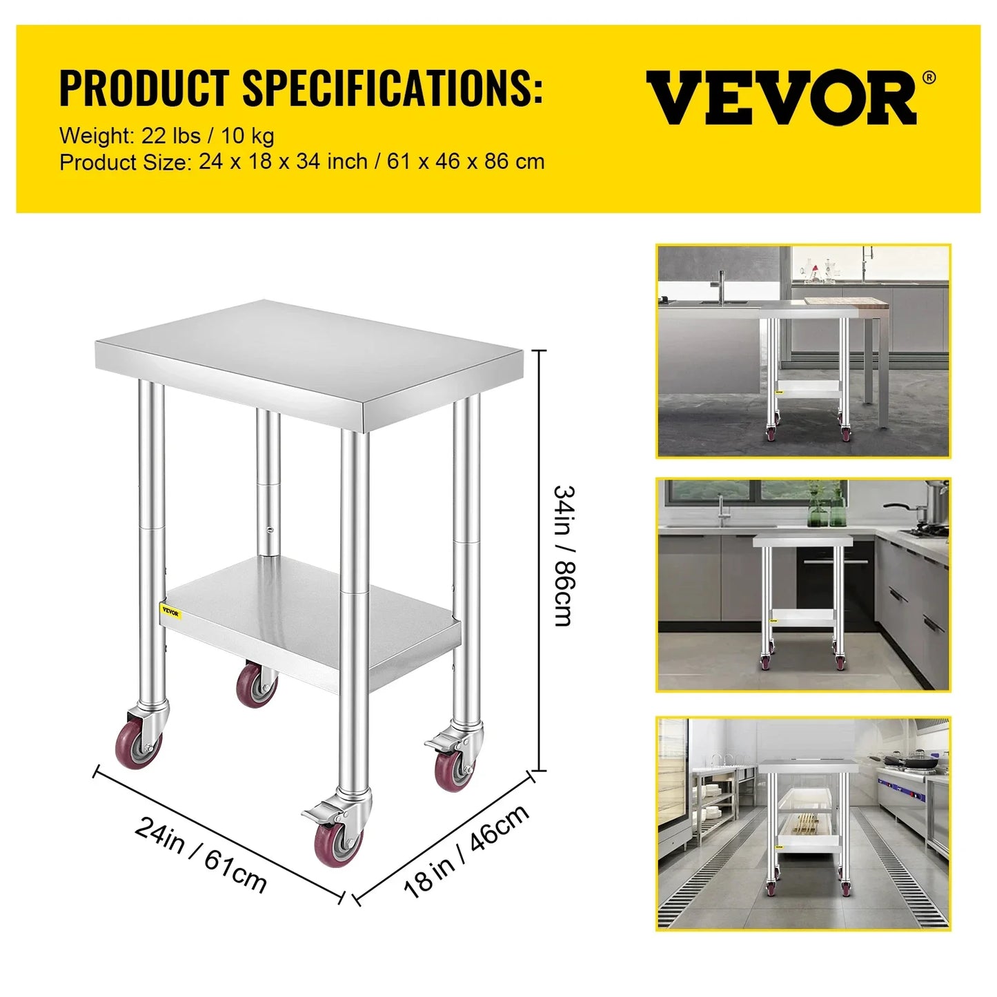 VEVOR Stainless Steel 700lbs Kitchen Worktable with 4Caster Wheels