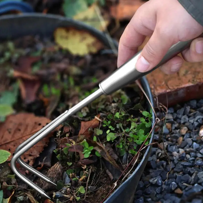 Small Two Claw Rake Stainless Steel Manual Garden Weeding Tool