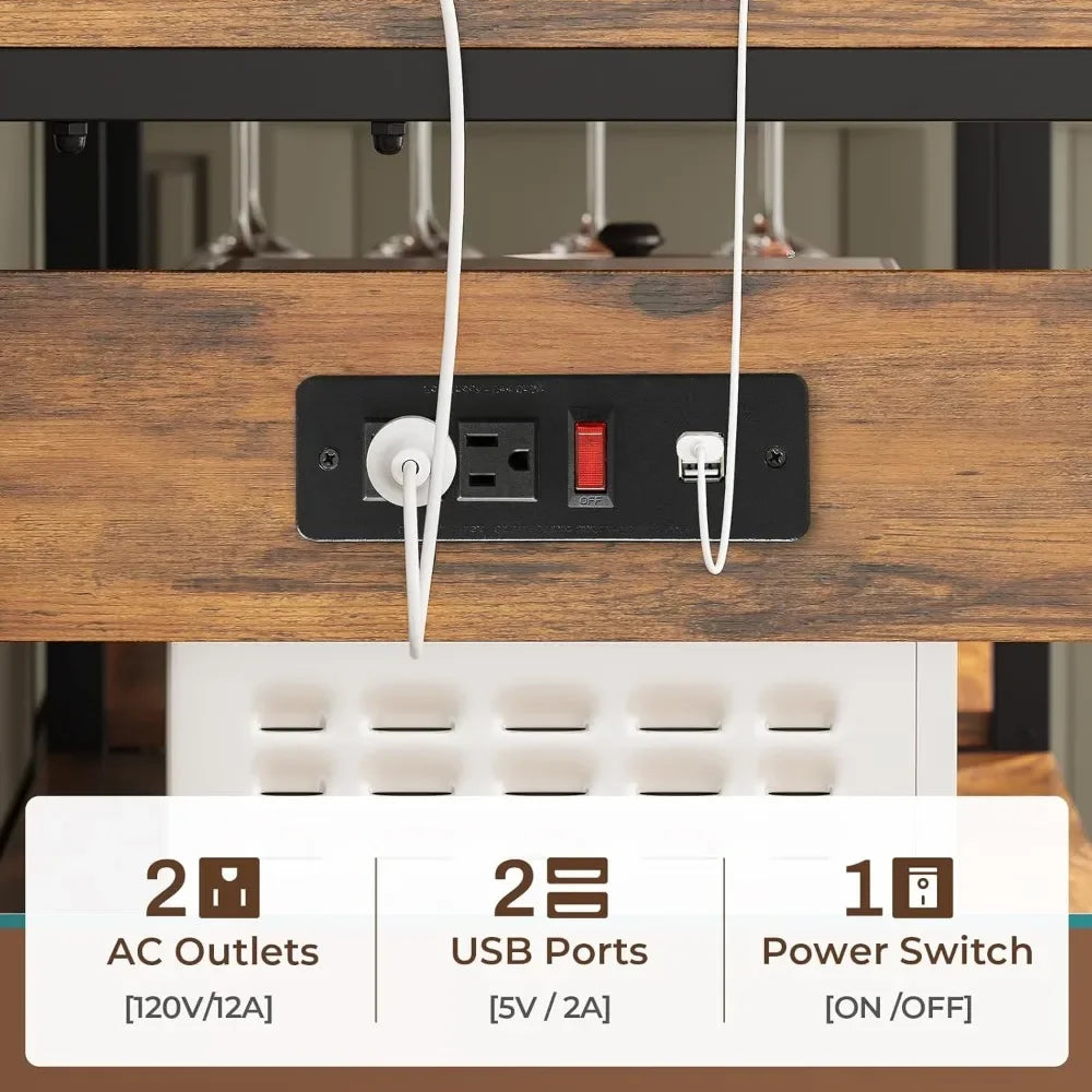 Itaar Bakers Rack with Power Outlet and LED Light 45.3 Inch Farmhouse Coffee Bar Cabinet