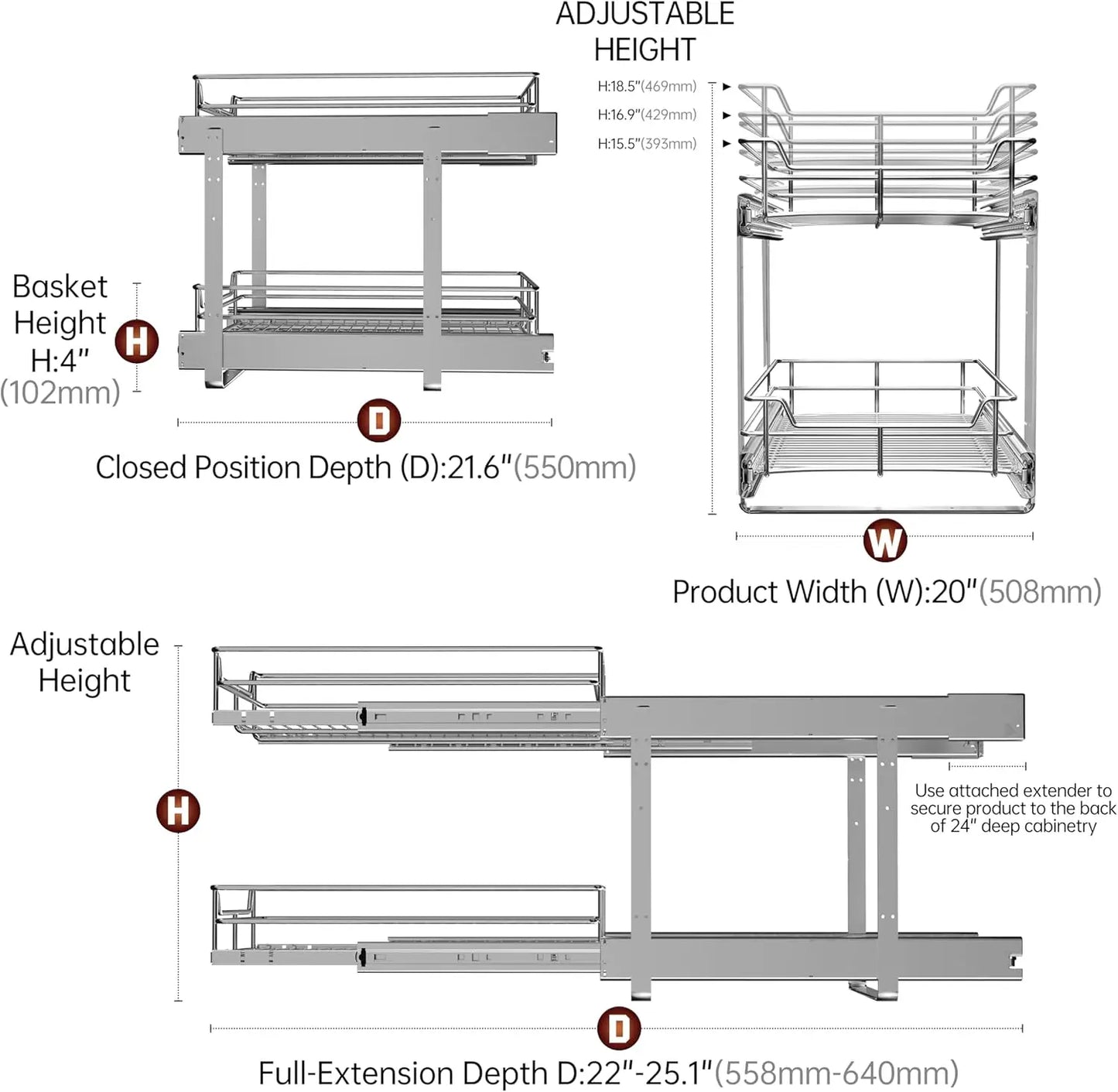 2-Tier Cabinet Pull Out Shelves 20 W x 22 D Kitchen Organizer