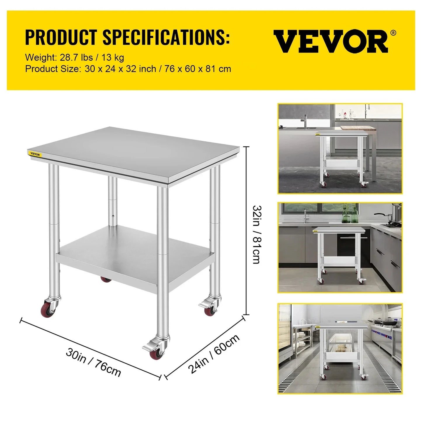VEVOR Stainless Steel 700lbs Kitchen Worktable with 4Caster Wheels