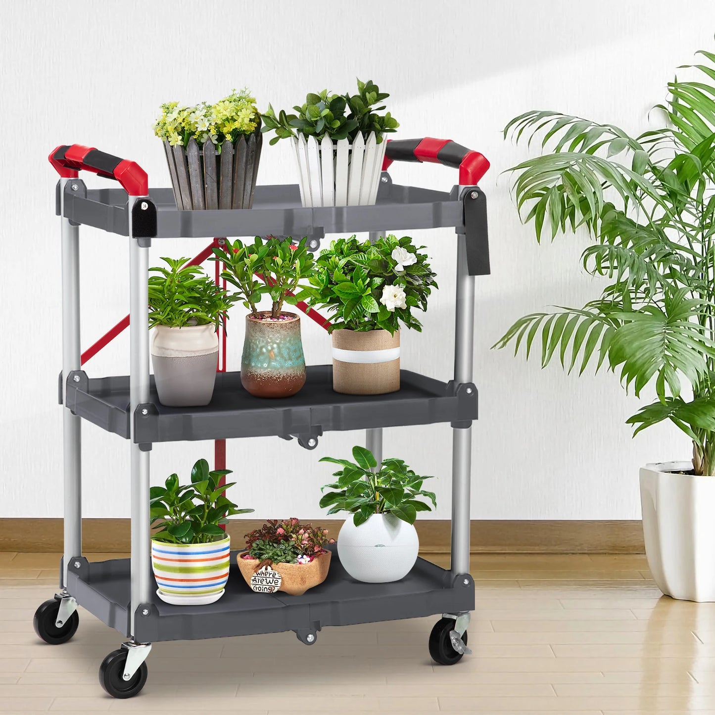 Portable Foldable Service Carts with Wheels, Collapsible Storage Carts
