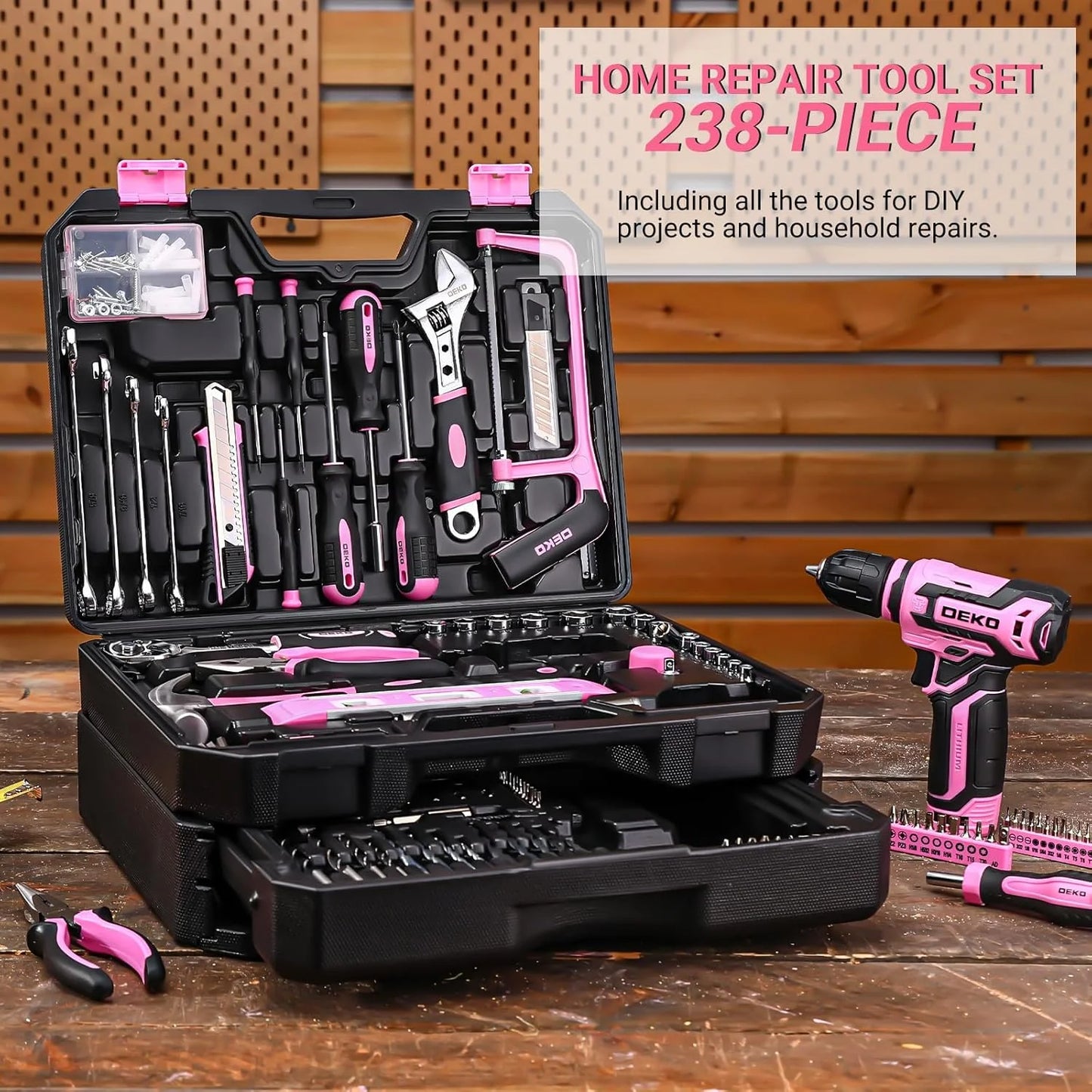 DEKO Home Mechanic Toolbox with 12V Power Cordless Drill