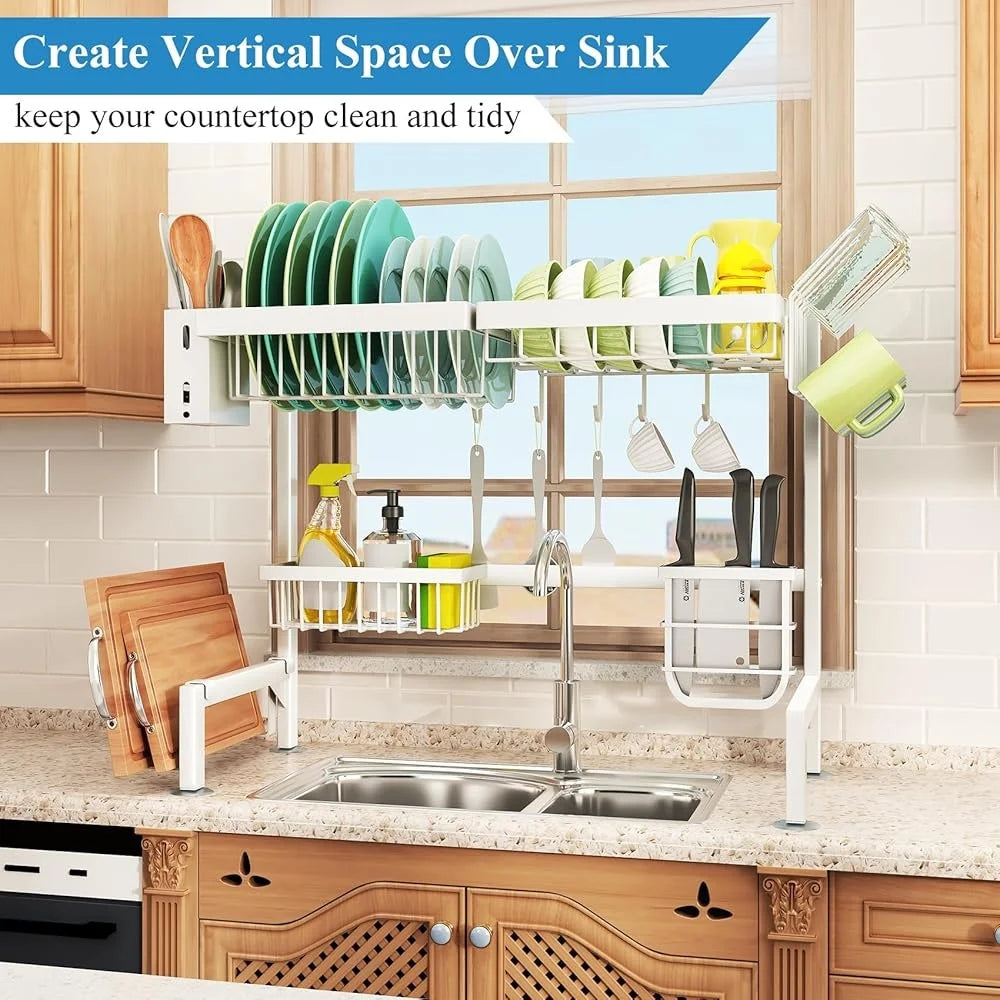 Adjustable Over Sink Dish Drying Rack Large Kitchen Counter Dish Drainer Organizer with Multiple Baskets Space Saving Stainless