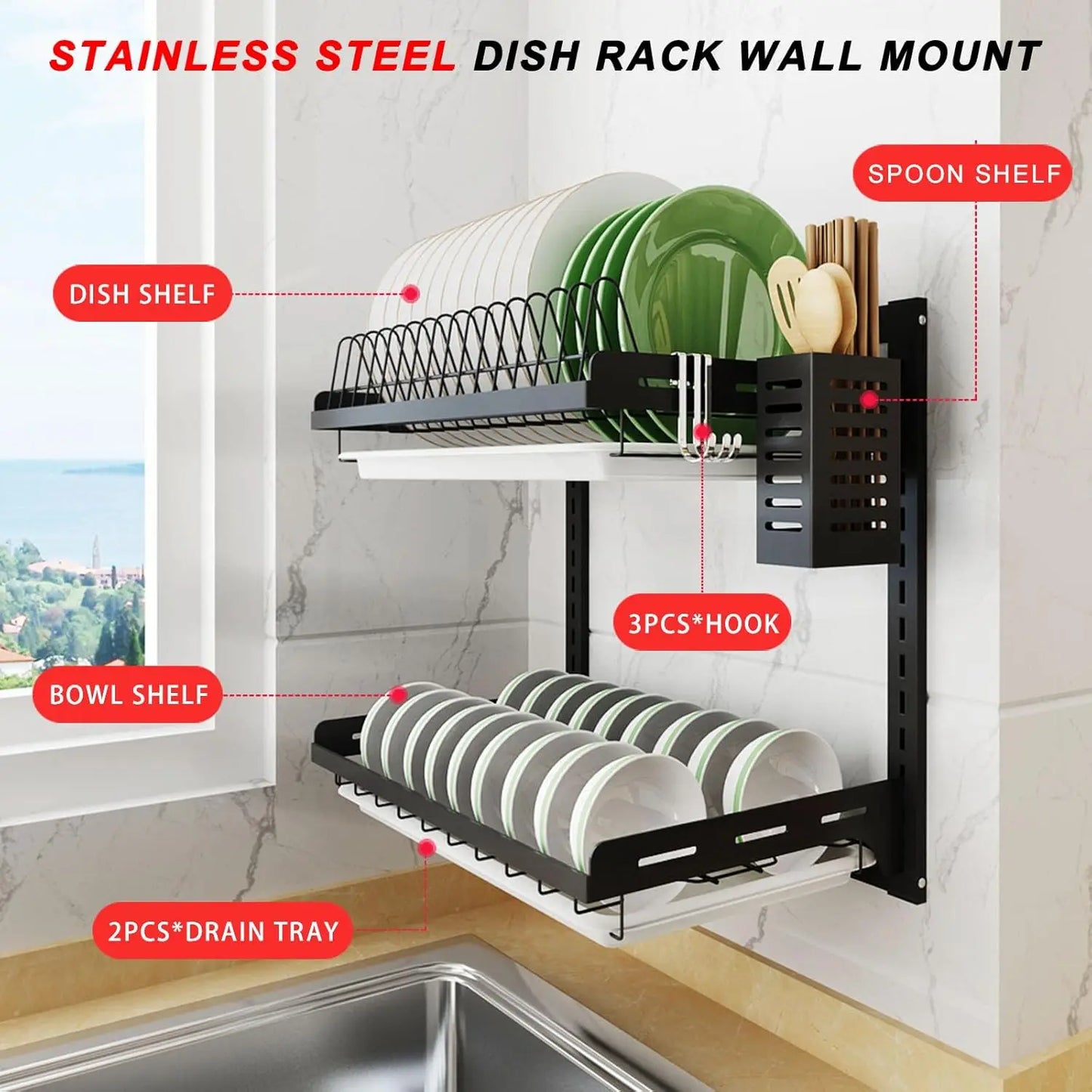 Hanging Dish Drying Rack Wall Mounted 2 Tier Organizer