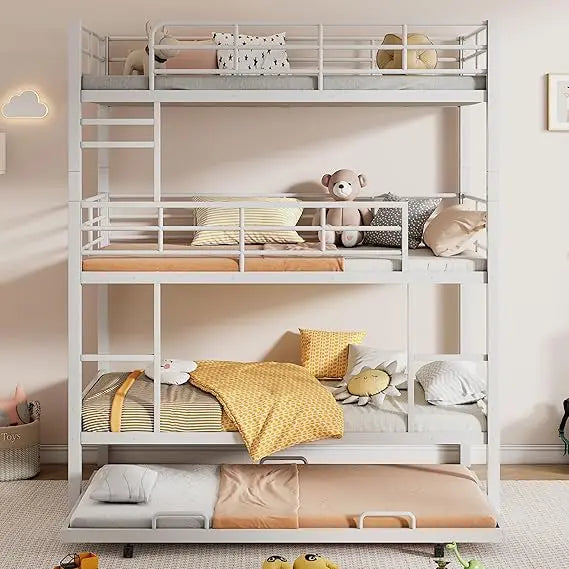 Harper & Bright Designs Metal Twin Size Triple Bunk Bed with Trundle for 4, Bunk Beds with 2 Ladders & Guardrails, Convertible t