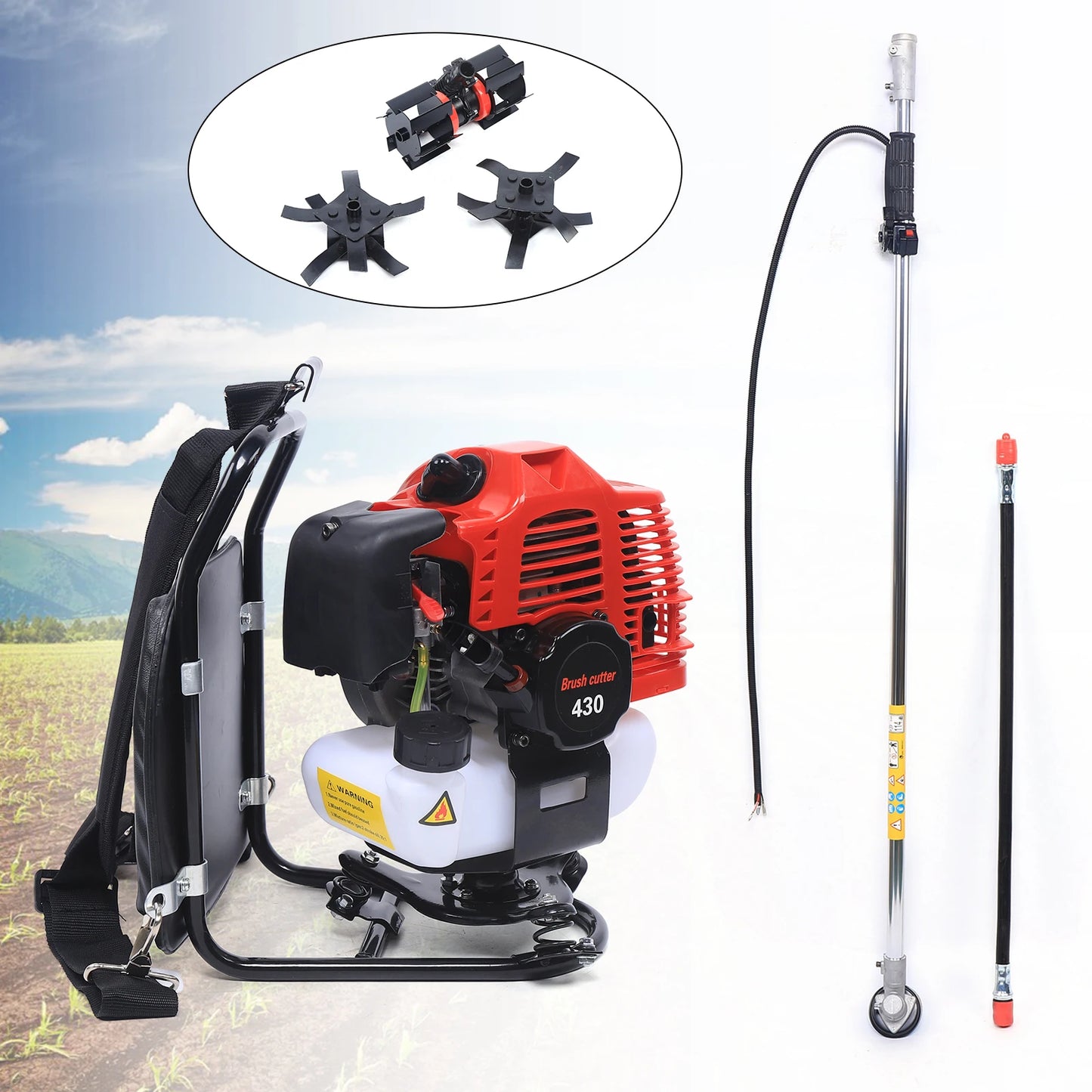 Yard Lawn Mower Tilling Tool 43CC 2 Stroke Backpack Tiller Cultivator Grass Trimmer with 1L Fuel Tank