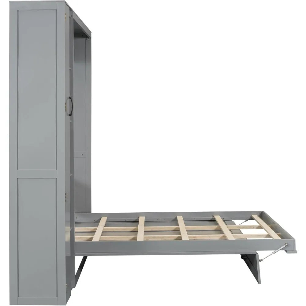 Queen Size Murphy Bed Wall Bed with Shelves Wardrobe and LED Lights Solid Wood Frame Easy to Assemble Minimalist Modern Design