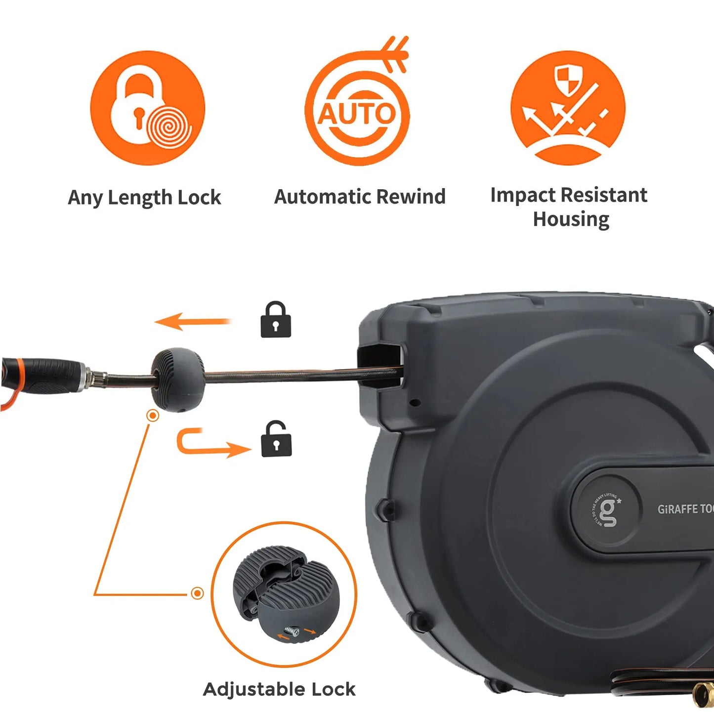 Giraffe Tools AW50 Hose Reel 1/2" x 155 ft, Heavy Duty Retractable Garden Hose Reel with Any Length Lock, Slow Return System