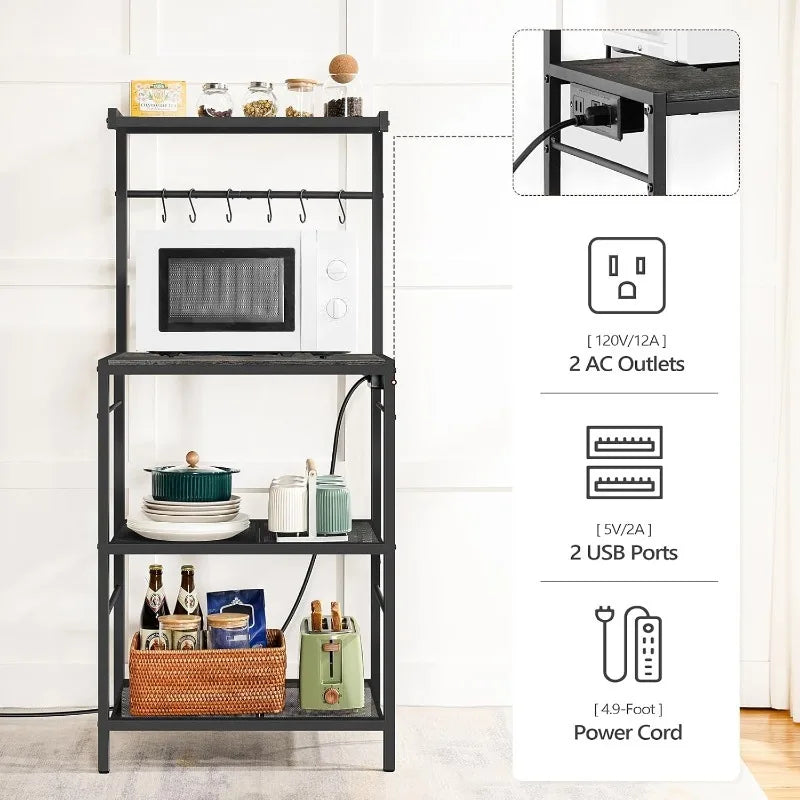 Bakers Rack with Charging Station and Microwave Stand