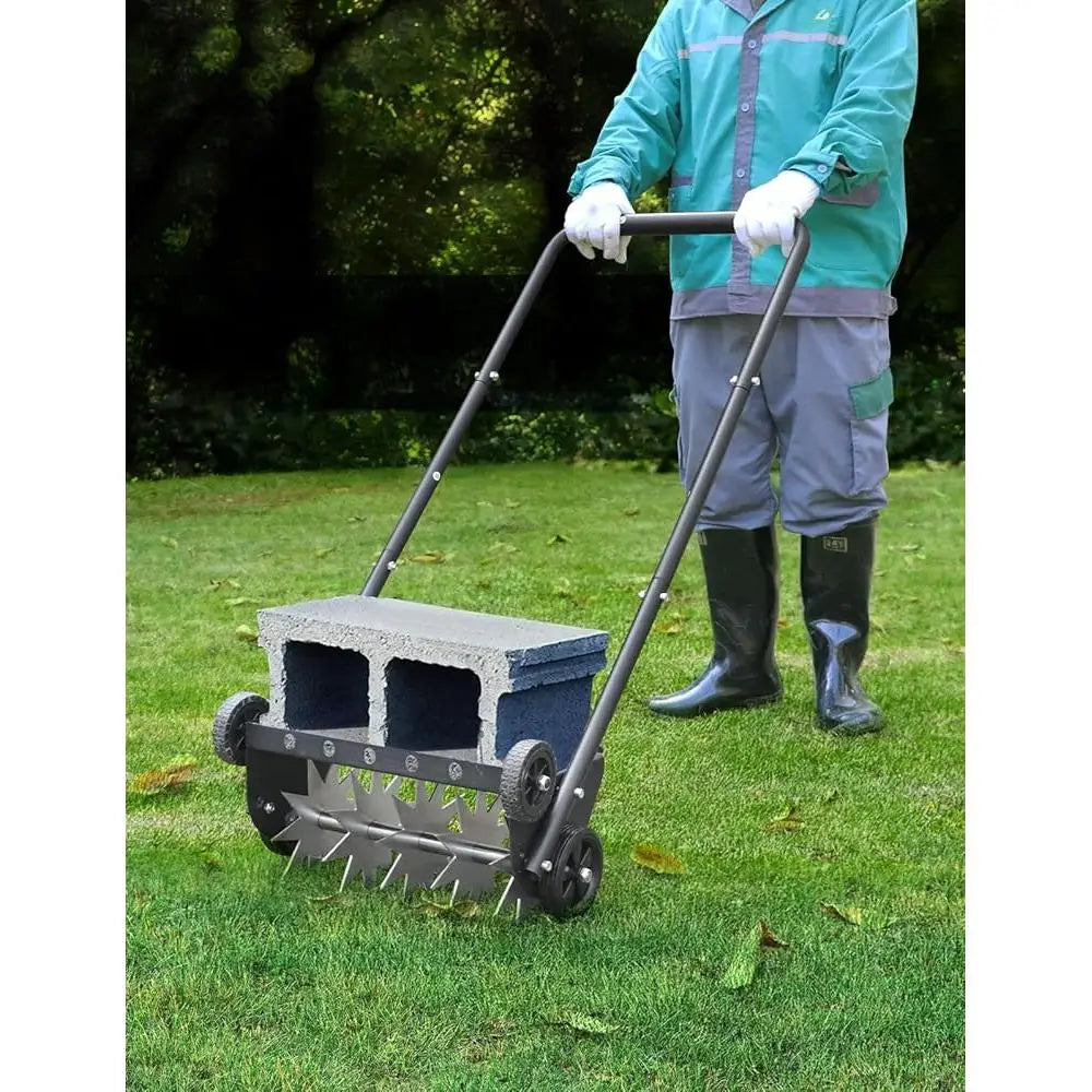Manual Lawn Aerator 18 Inch Push Spike Tool with 4 Wheels Efficient Yard Care and Soil Aeration