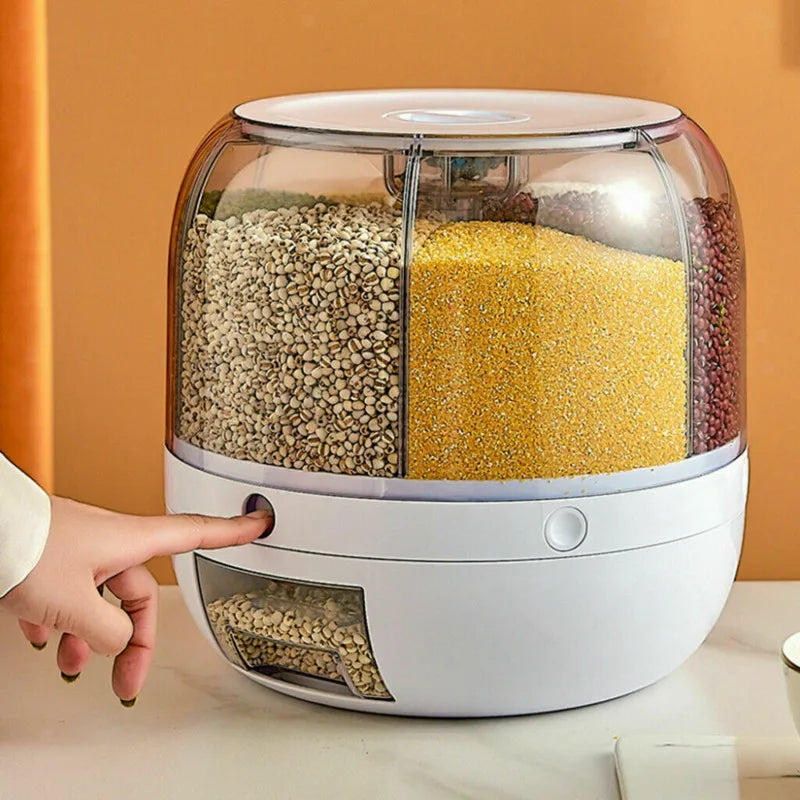 Rice Storage Container Cereal Dispenser 6-grid 360° Rotating Bucket Sealed Tank Grain Box Kitchen Accessories