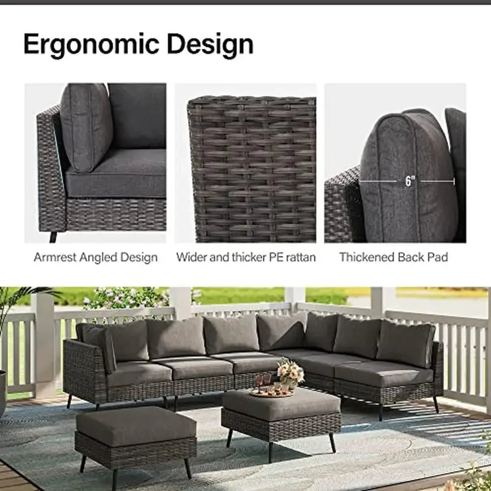 Modern Outdoor Patio Conversation Set 8 Piece Rattan Sectional Sofa Thick Cushions Garden Furniture