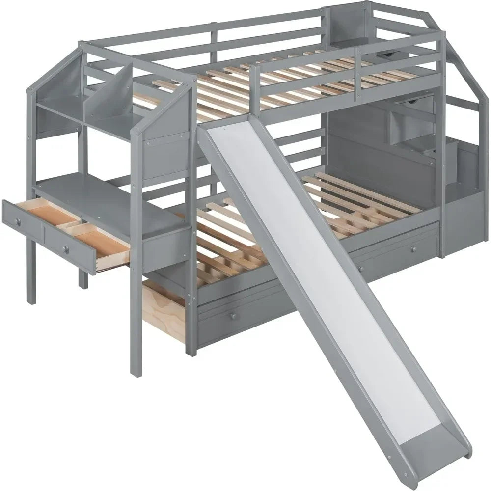 Bunk Bed with Desk, Stairs and Slide, Wood Twin Over Twin Bunk Beds with Storage Shelves, Bunk Bed Twin with Drawers