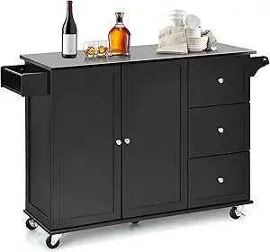Kitchen Island with Stainless Steel Top, Rolling Kitchen Trolley Cart