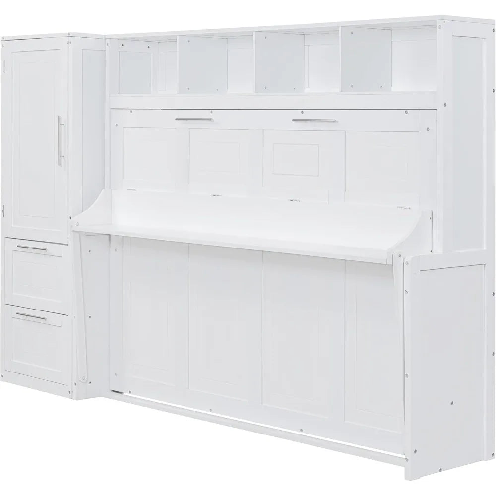 Full Size Murphy Bed Wooden Cabinet Bed with Closet and Drawers White